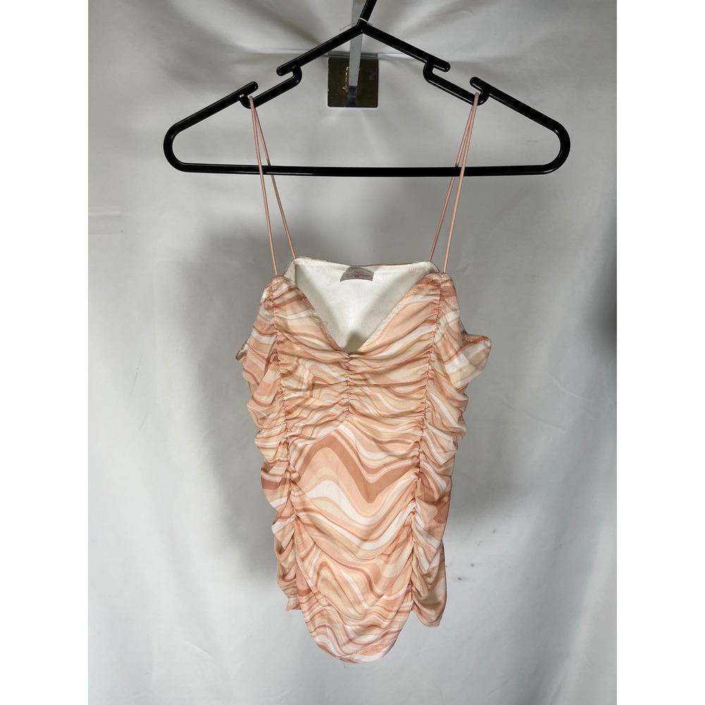 No Boundaries Peach Marble‎ Swirl Ruched Mesh Cami Top XS 1 Sweetheart Neckline